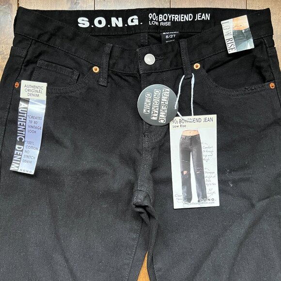 S.O.N.G. Women's 90s Boyfriend Low Rise Distressed Black Demin Jean, Size 5/27 - Picture 2 of 12
